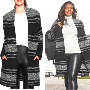 ATHLETA Wool Cashmere Longline Open Front Cardigan in Marled Black Grey Sz. XS